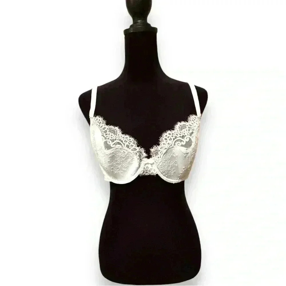 Adore Me NWT 36D Baby Blue and White Lace Evelyn Unlined Demi Bra Natural Shape - Picture 4 of 11
